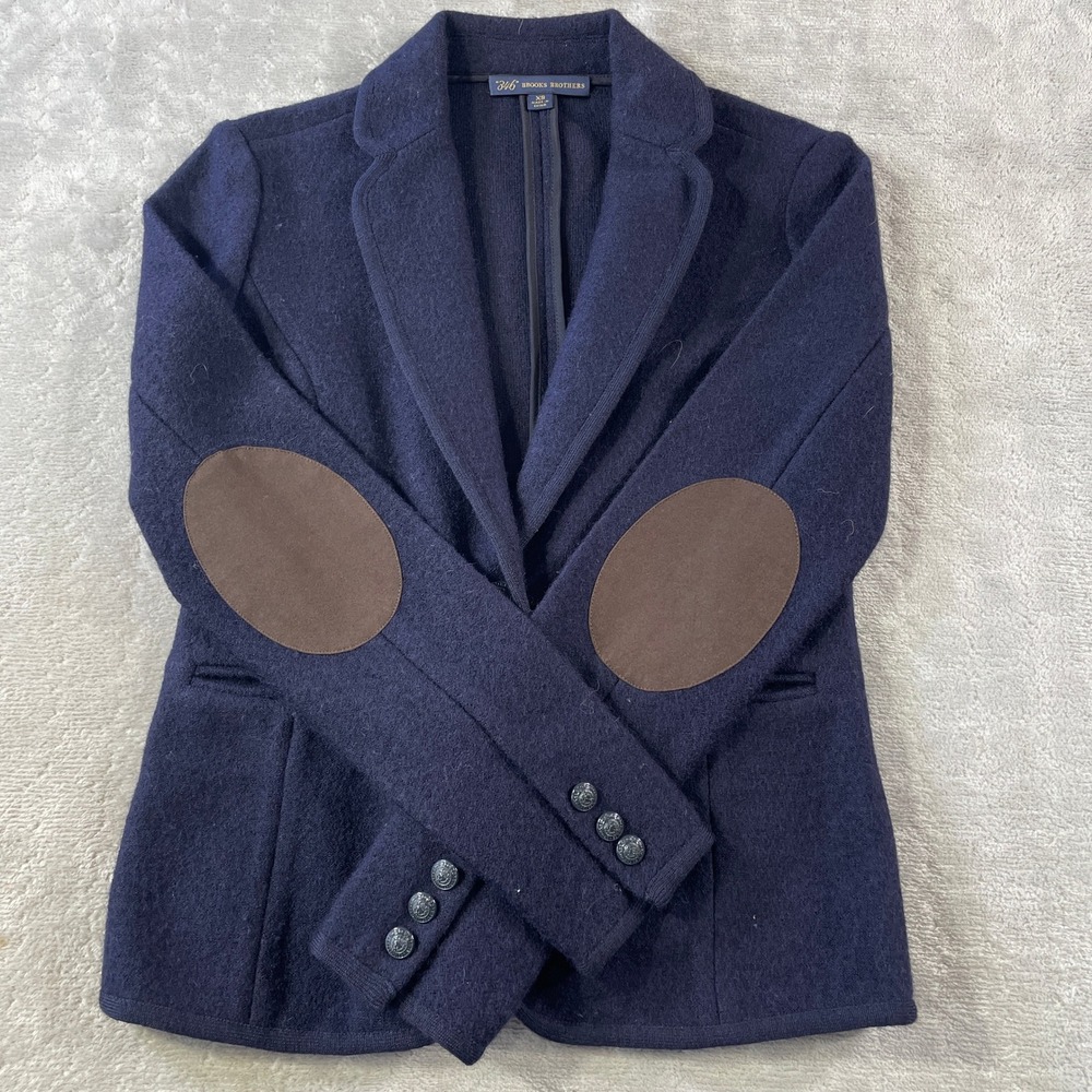 Brooks Brothers 346 Blazer Jacket Womens XS Navy Wool Blend Elbow Patches Office
